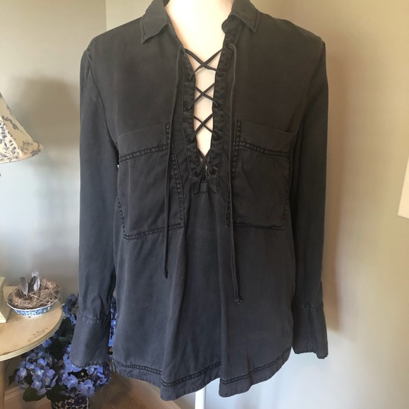 Free People slate colored, long sleeve blouse with lace up neckline - Picture 2 of 11